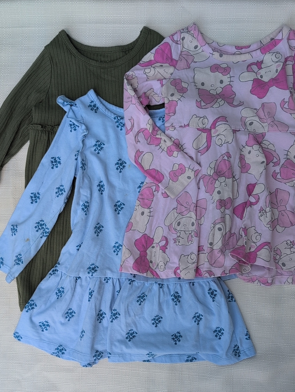 Set Of Three Girls Long-Sleeve Dresses - Pink, Light Blue, Green - Size 2T